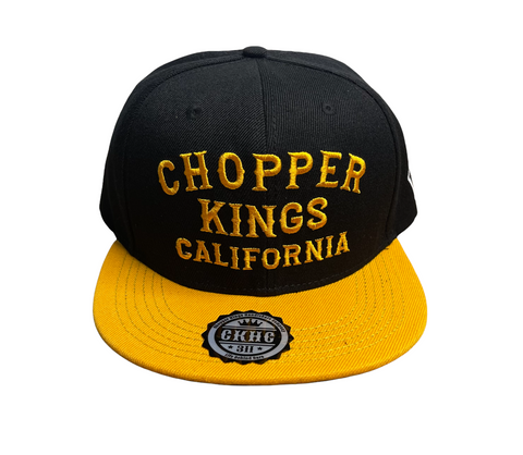 Black and yellow cap with 'Chopper Kings California' text on a white background