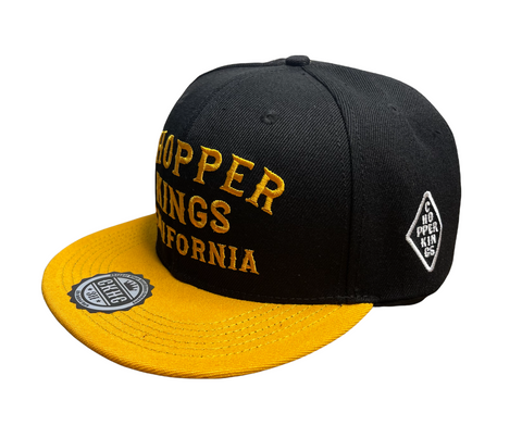 Black and yellow cap with 'Hopper Kings California' text on a white background