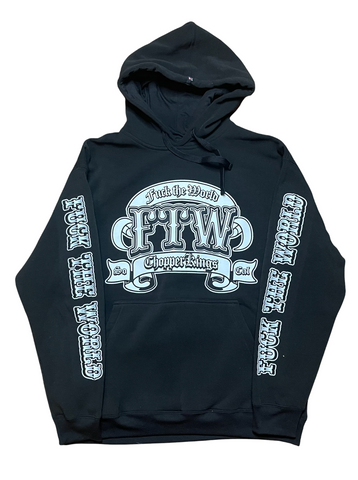 Black hoodie with white text and graphics on a white background