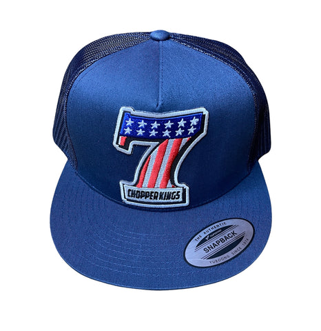 Blue trucker cap with a patriotic logo and 'Chopper Kings' text on a white background