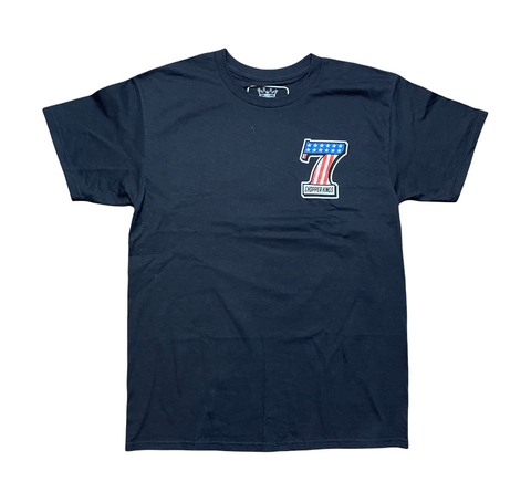 Navy blue t-shirt with a logo on the chest against a white background