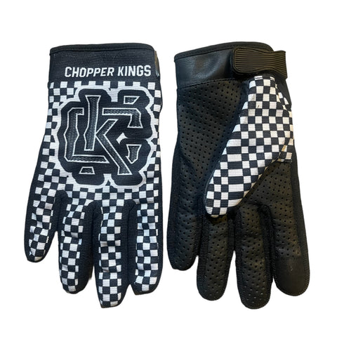Pair of black and white checkered gloves with 'Chopper Kings' branding on a white background