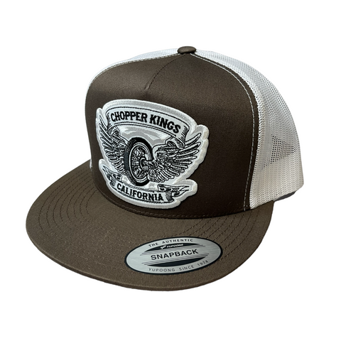 Brown and white trucker cap with 'Chopper Kings California' logo on a white background