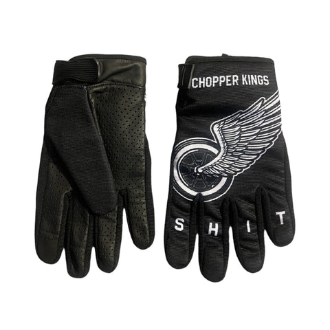 Black gloves with 'Chopper Kings' logo and wing design on a white background