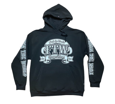 Black hoodie with white graphics and text on a white background