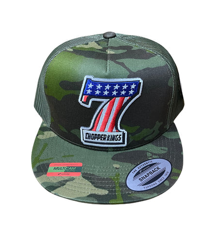 Camouflage cap with a logo featuring the number 7 and text on a white background
