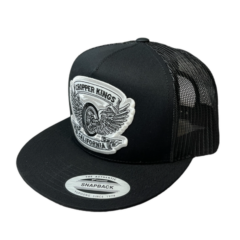 Black trucker cap with 'Chopper Kings' logo on a white background