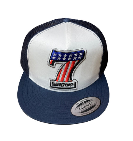 Cap with number 7 and American flag design on a white background