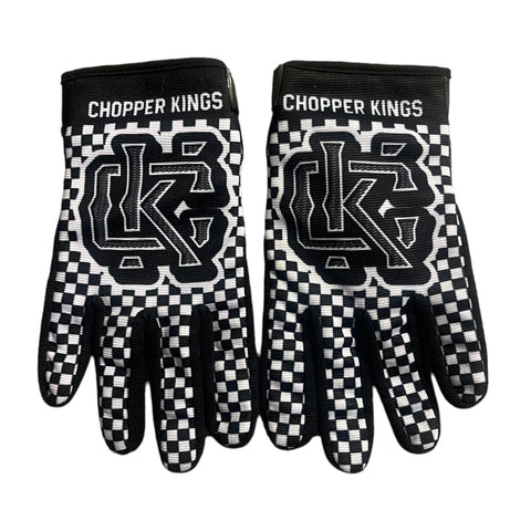 Pair of black and white checkered gloves with 'Chopper Kings' branding on a white background