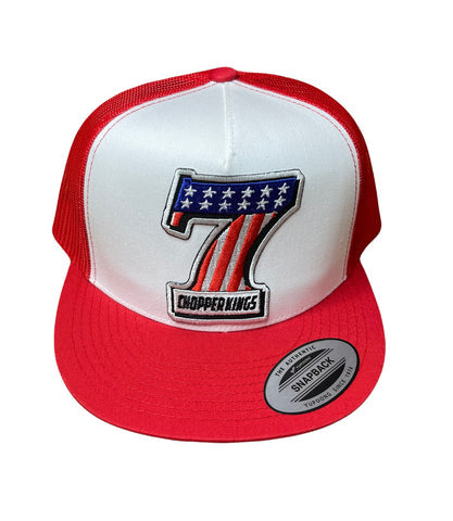 Red and white cap with a logo and text on a white background
