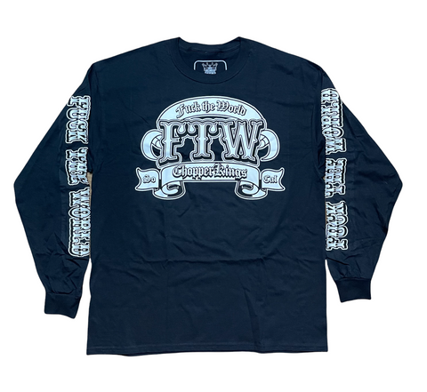 Black long-sleeve shirt with white graphic design on a white background