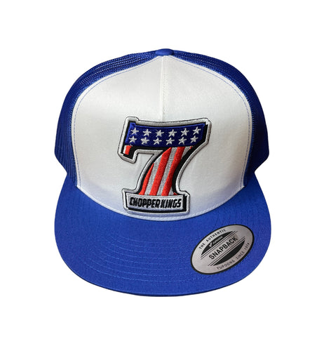 Blue and white trucker cap with number 7 and 'Chopper Kings' logo on a white background
