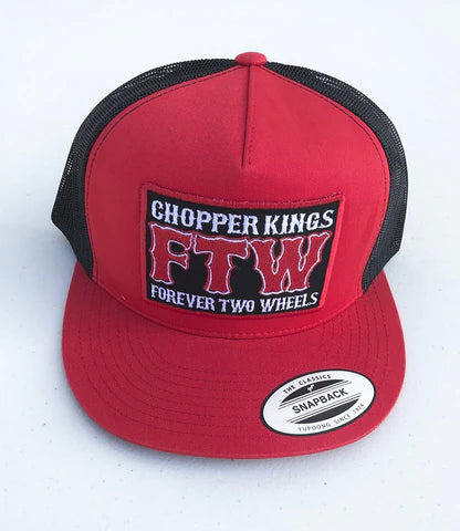 Red and black cap with 'Chopper Kings FTW Forever Two Wheels' text on a white background